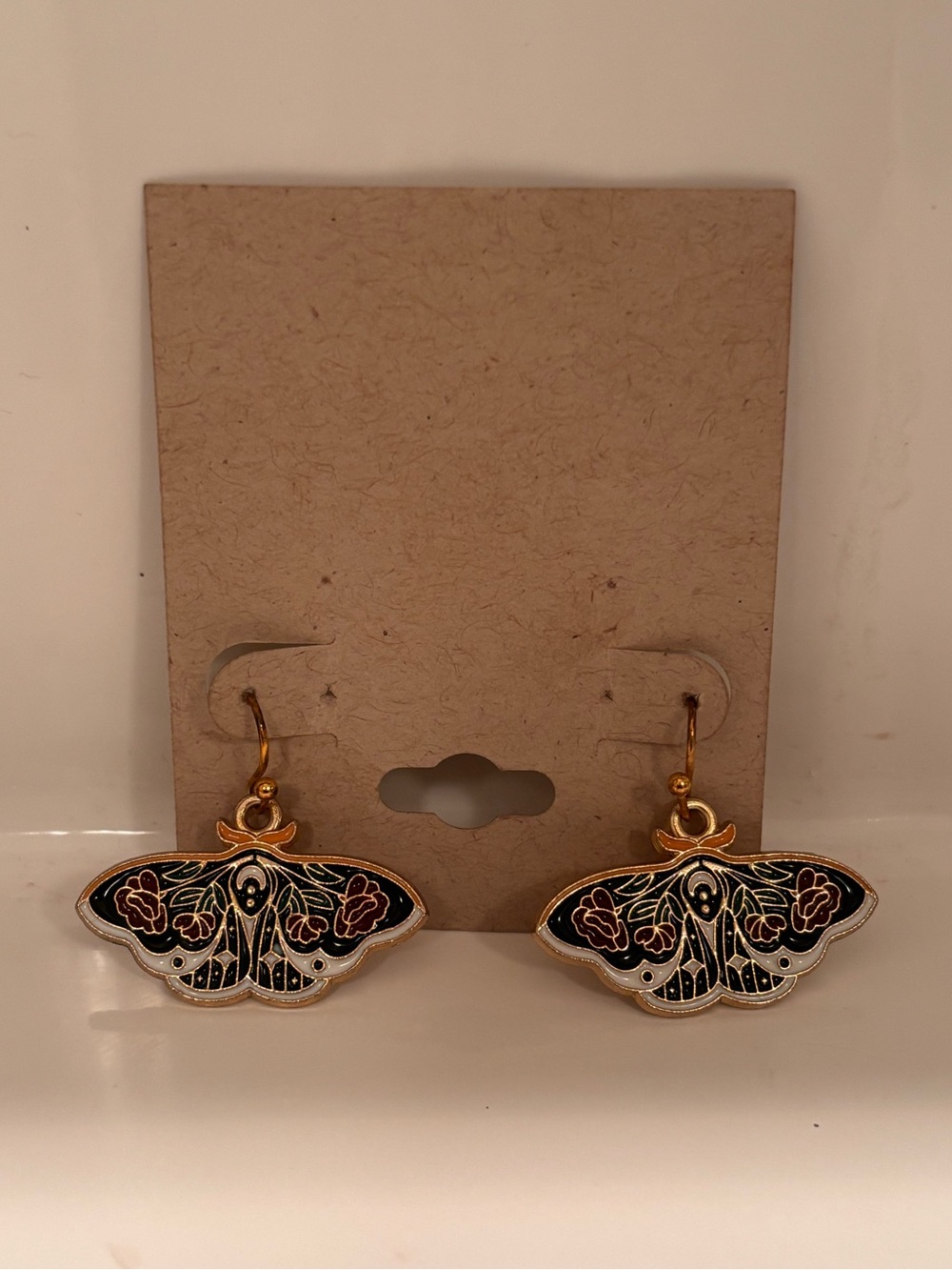 Gold Moth Enamel Drop Earrings - Floral Black & Red